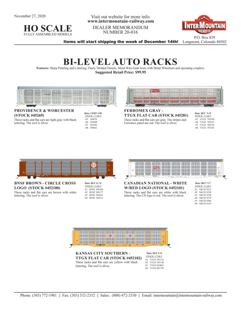 Ho Scale Bio Auto Rack November 2020 Product Arrivals – InterMountain Modeler's Club Central ...